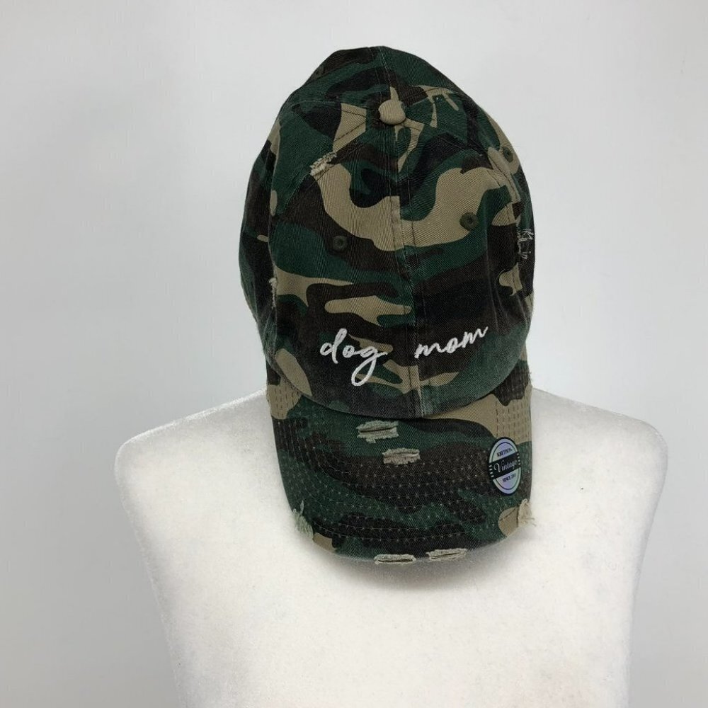 NWOT Green Kbethos Vintage Distressed "Dog Mom" Camo Baseball Cap - Picture 3 of 10